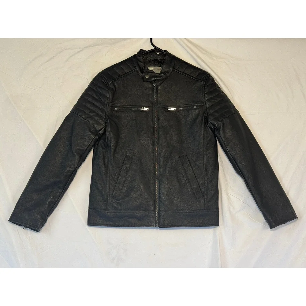 ASOS Mens Faux Leather Biker Jacket Black Quilted Shoulder Cafe Racer XS